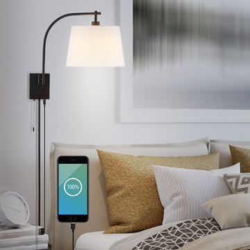 Gosling 22.5" Mid-Century Modern Plug-In or Hardwired Iron LED Gooseneck Swing Arm Wall Sconce with Pull-Chain and USB Charging Port - JONATHAN Y